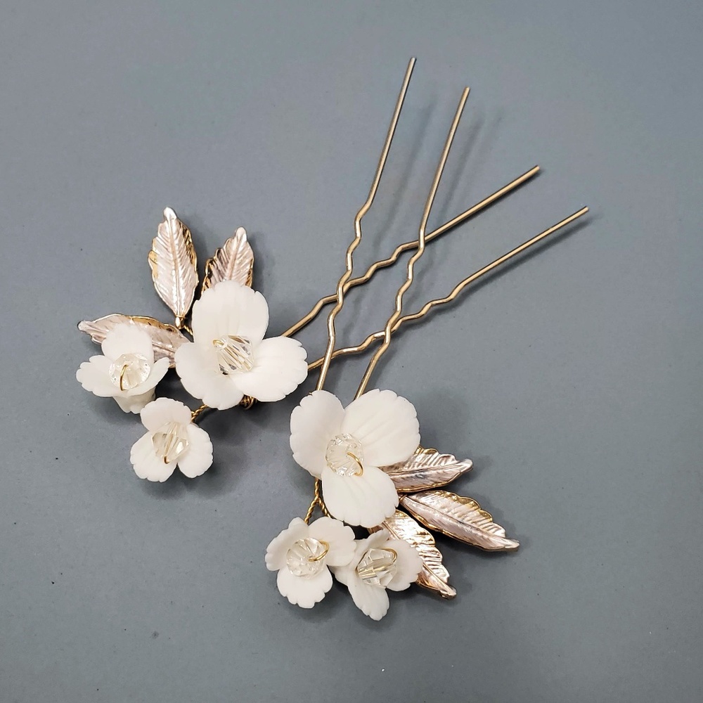 3pcs Set Bridal headpiece Hairpiece gold comb floral feminine white Flower metal - Picture 2 of 3